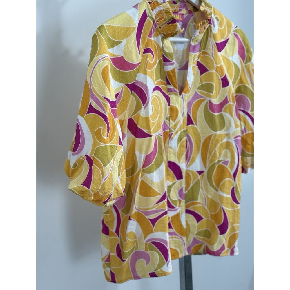 THML Women’s Yellow Pink Abstract Swirl Puff Sleeve V-Neck Blouse Top Size M - Picture 4 of 13